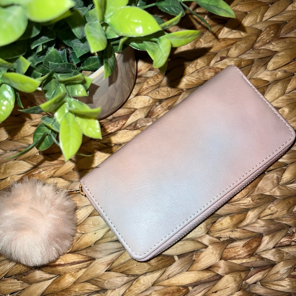 Faux Leather Zip Around Long Wallet with Pom Pom decor